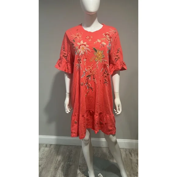 Johnny Was Pink Andrean Embroidered T-Shirt Dress Size Large - Picture 7 of 12